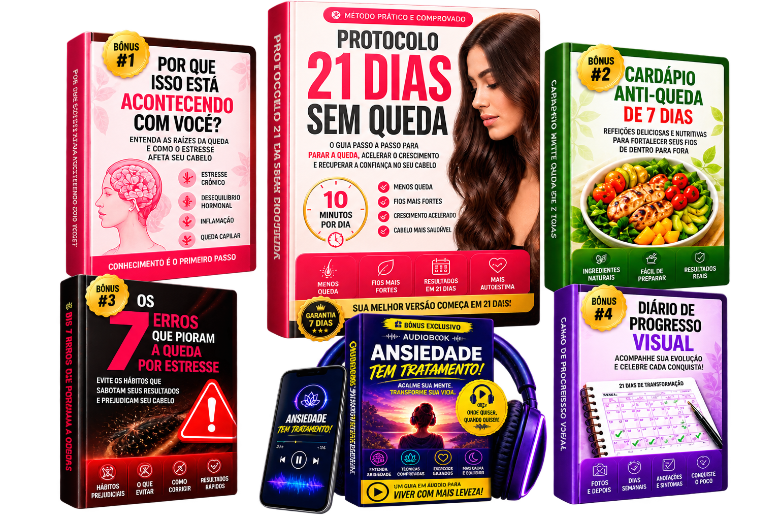 Protocolo 21 Dias Sem Queda e os 5 bônus: Por Que Isso Está Acontecendo com Você, Cardápio Anti-Queda de 7 Dias, Os 7 Erros que Pioram a Queda por Estresse, Diário de Progresso Visual e Audiobook Pausa Anti-Ansiedade